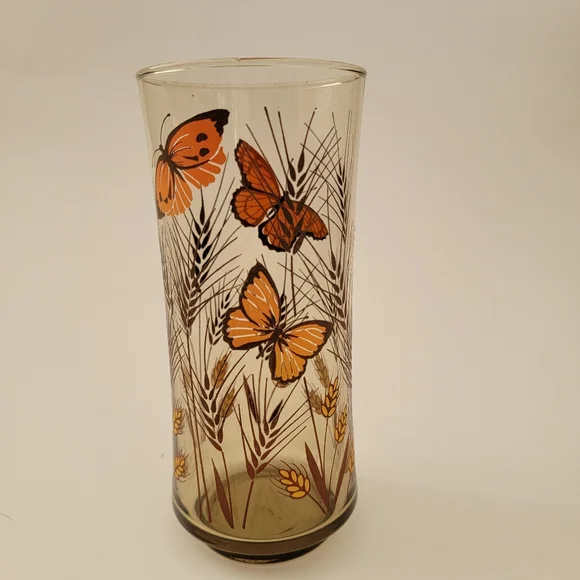 4 Vintage Retro Butterfly Wheat Design Smoked Tall Tumblers Drinking Glasses - Picture 2 of 8